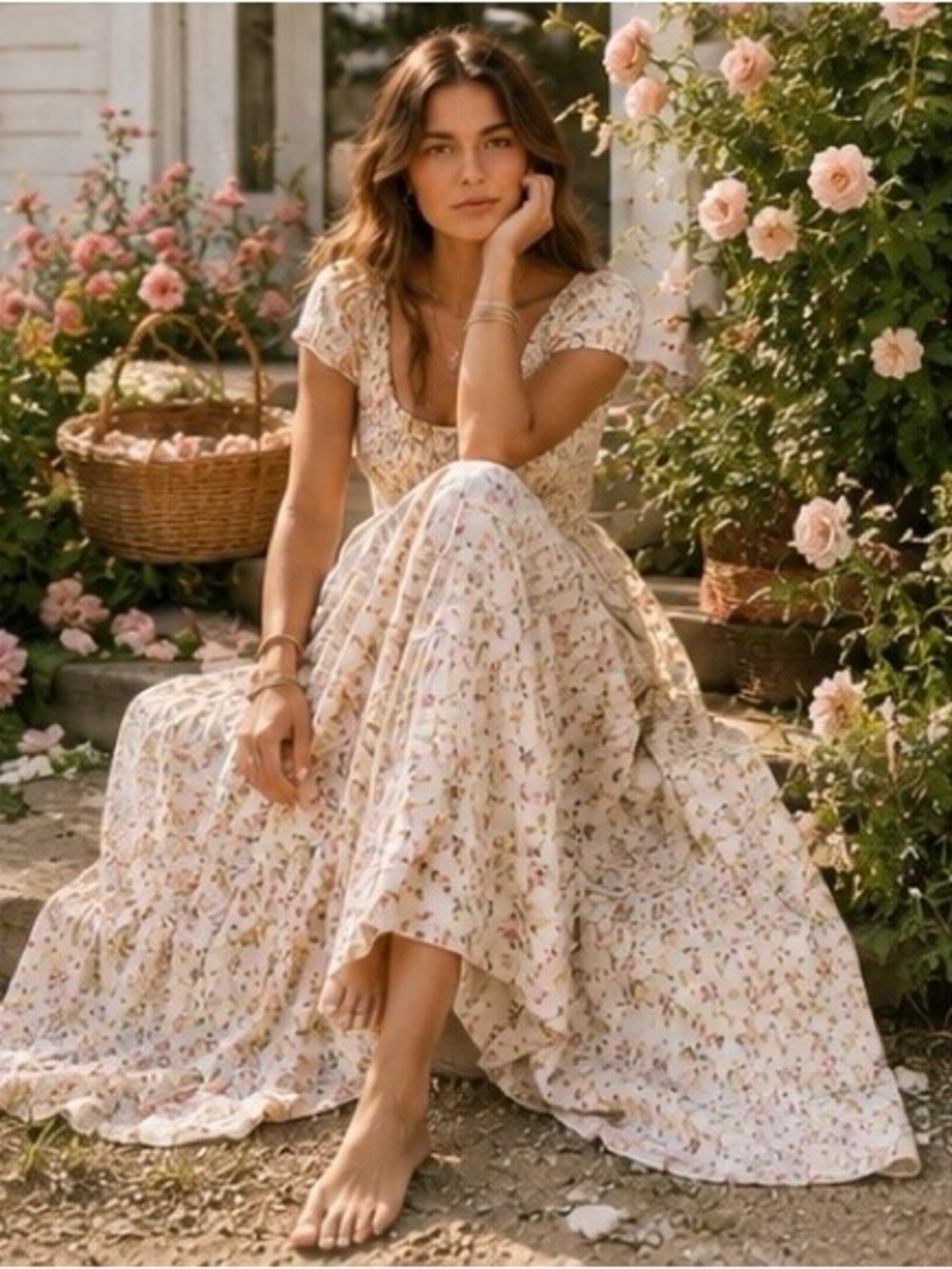 Million Colors Smocked Floral Tiered Maxi Dress| Cottagecore Boho Romantic S M L